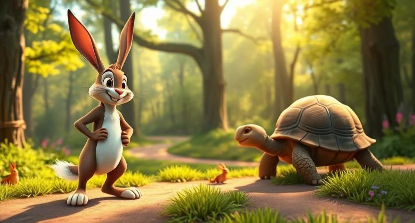 In a sunlit forest, a proud and energetic hare stands on his hind legs, smirking and boasting about his speed. Nearby, a calm tortoise stands with a steady gaze, unbothered by the hare’s arrogance. Forest animals like deer, squirrels, and birds gather around in excitement, watching the scene. The winding dirt path marks the racecourse, leading into the lush greenery. The towering trees and colorful wildflowers create a warm and charming backdrop, setting the stage for the race, full of anticipation and life lessons.