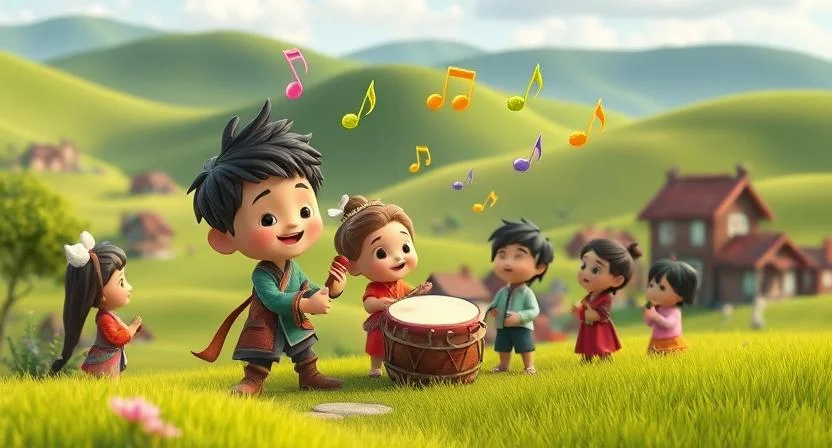 In a peaceful village nestled between lush, rolling green hills, a magical drum is being played by a young villager. Vibrant music notes and symbols float from the drum, swirling through the air and filling the village with an enchanting melody. Villagers, once distant and divided, gather around, their faces lighting up with smiles and a sense of unity. The warm and joyful atmosphere contrasts with the once-quiet village, now alive with renewed hope, connection, and celebration, as the music fills the air and brings the community together.