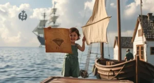 A young girl named Mia sits in an attic, holding an old, crinkled map she discovered among her grandfather’s belongings. The map shows an island floating in the sky, surrounded by clouds and strange symbols. The dim light filters through a dusty window as Mia looks at the map with wide eyes, her face full of wonder.